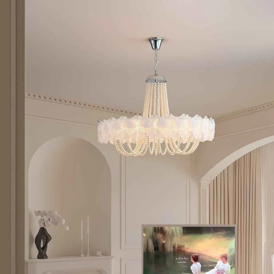 Modern White Flower and Pearl Art Glass Chandelier in Elegant Living Space