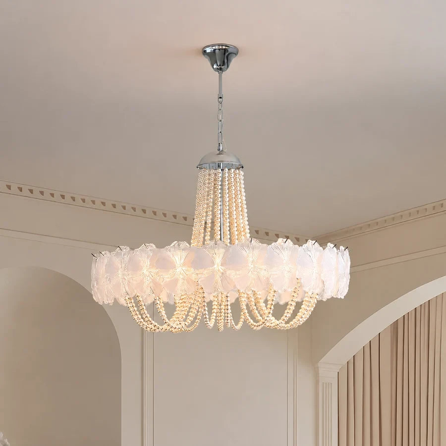 Front View of Modern White Flower Art Glass Chandelier Studio Display