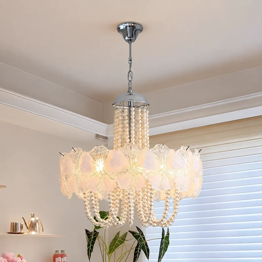 Illuminated Modern White Flower and Pearl Art Glass Chandelier Studio Shot
