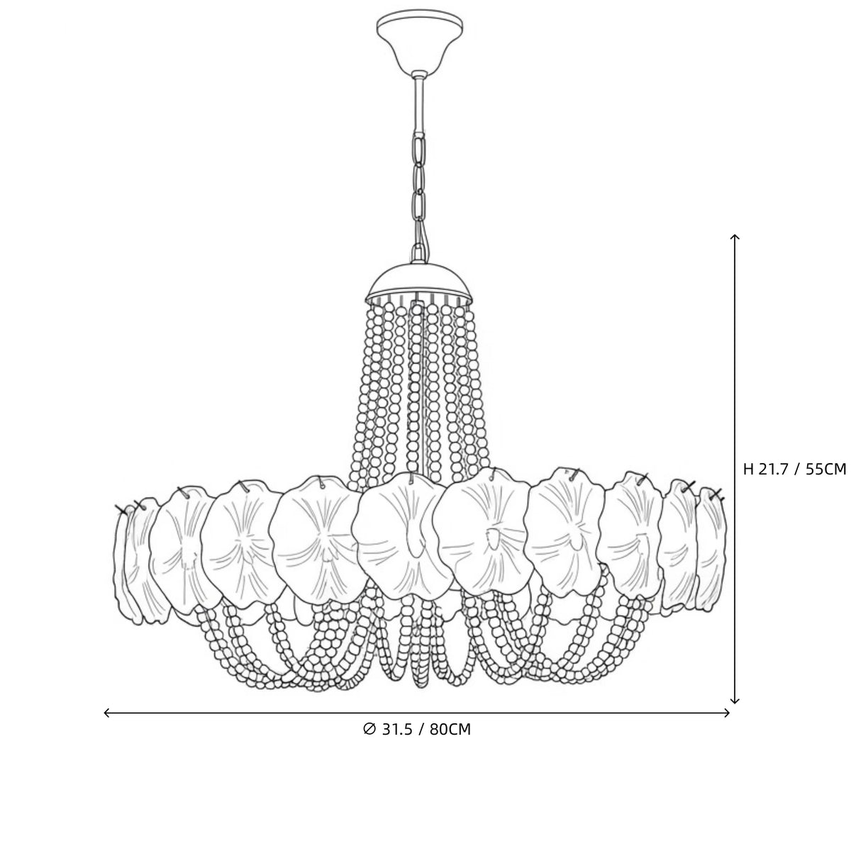 Modern Large White Flower Art Glass Chandelier Line Art Dimension Diagram
