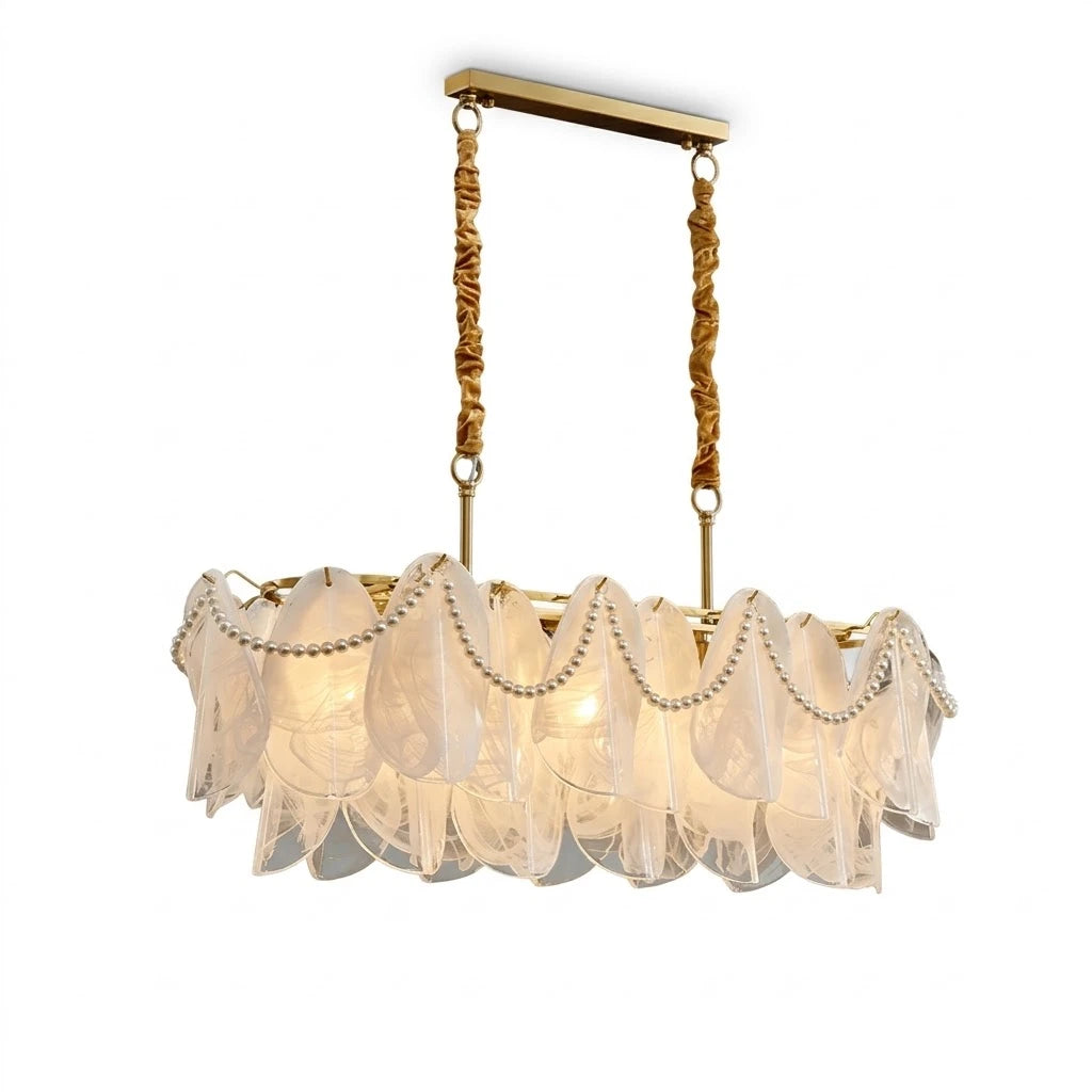 Modern Brass and Pearl Fringe Wave Art Glass Chandelier with Gold Canopy on Pure White Background
