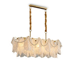 Modern Brass and Pearl Fringe Wave Art Glass Chandelier with Gold Canopy on Pure White Background