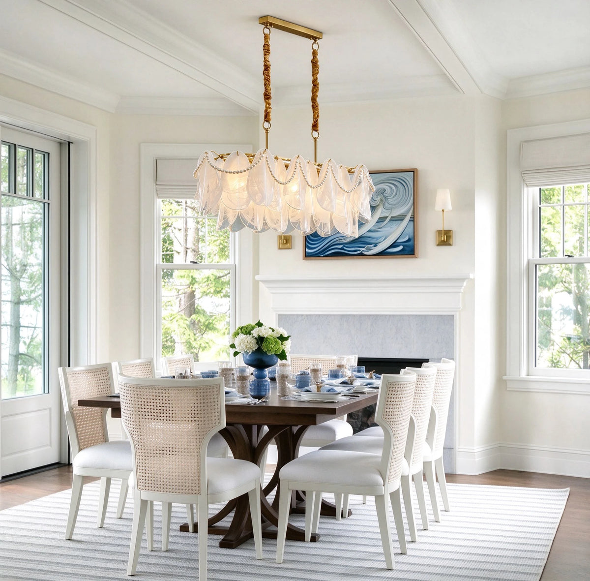 Modern Brass Pearl Fringe Chandelier in Bright Dining Room