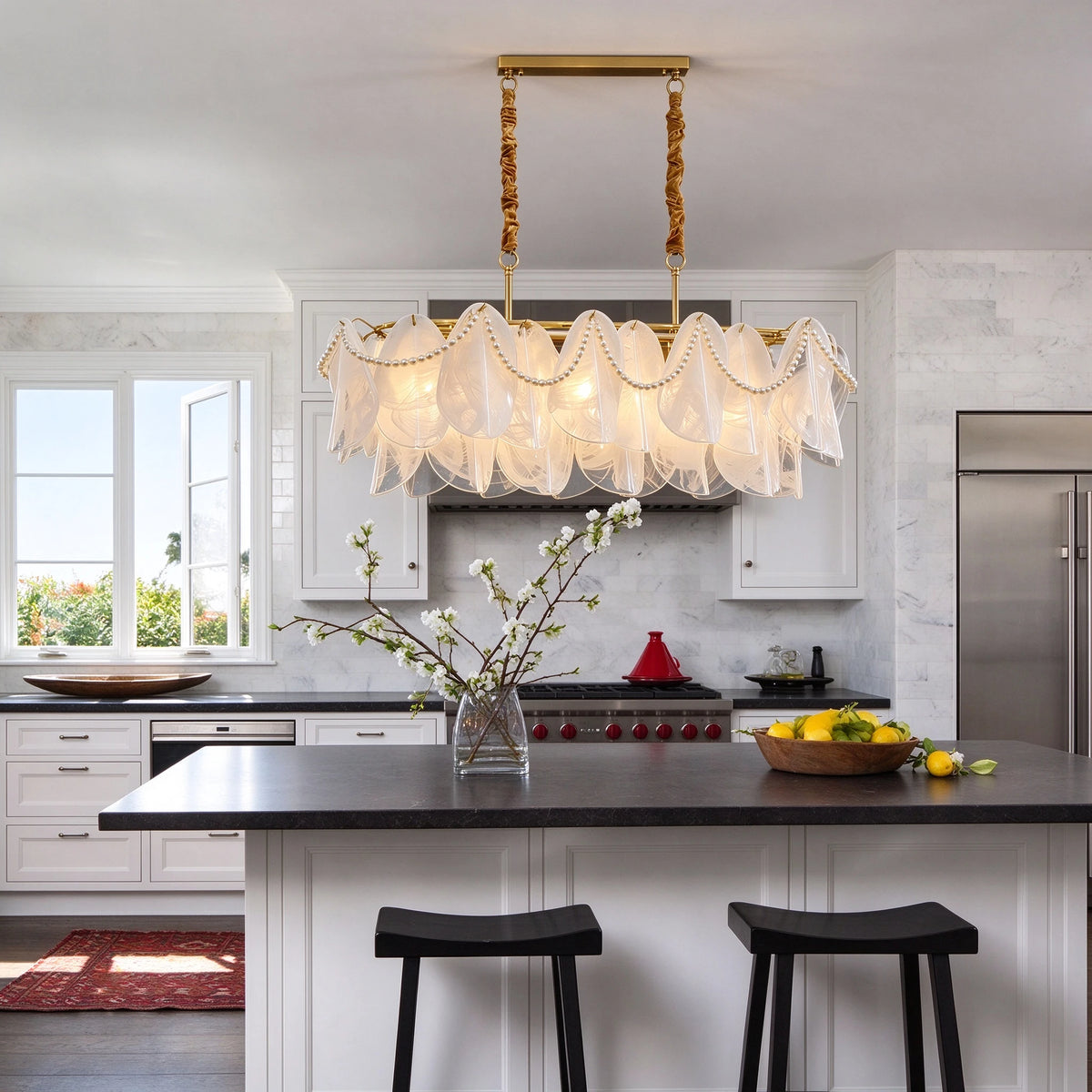 Modern Pearl Fringe Wave Art Glass Chandelier in Open Plan Kitchen Dining Area