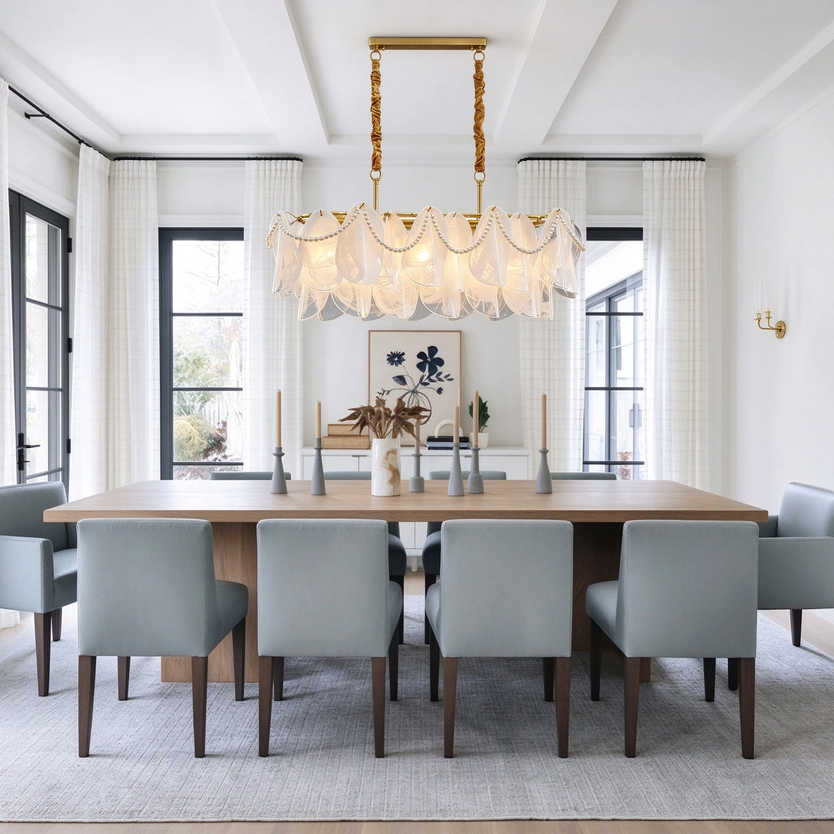 Modern Brass Pearl Fringe Chandelier in Contemporary Dining Setting