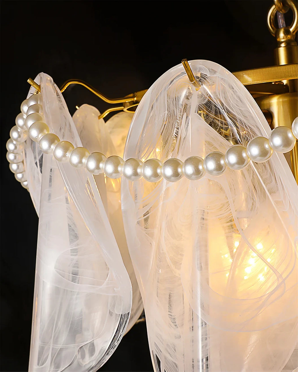Close Up View of Wave Glass Petals and Pearl Fringe Bead Details