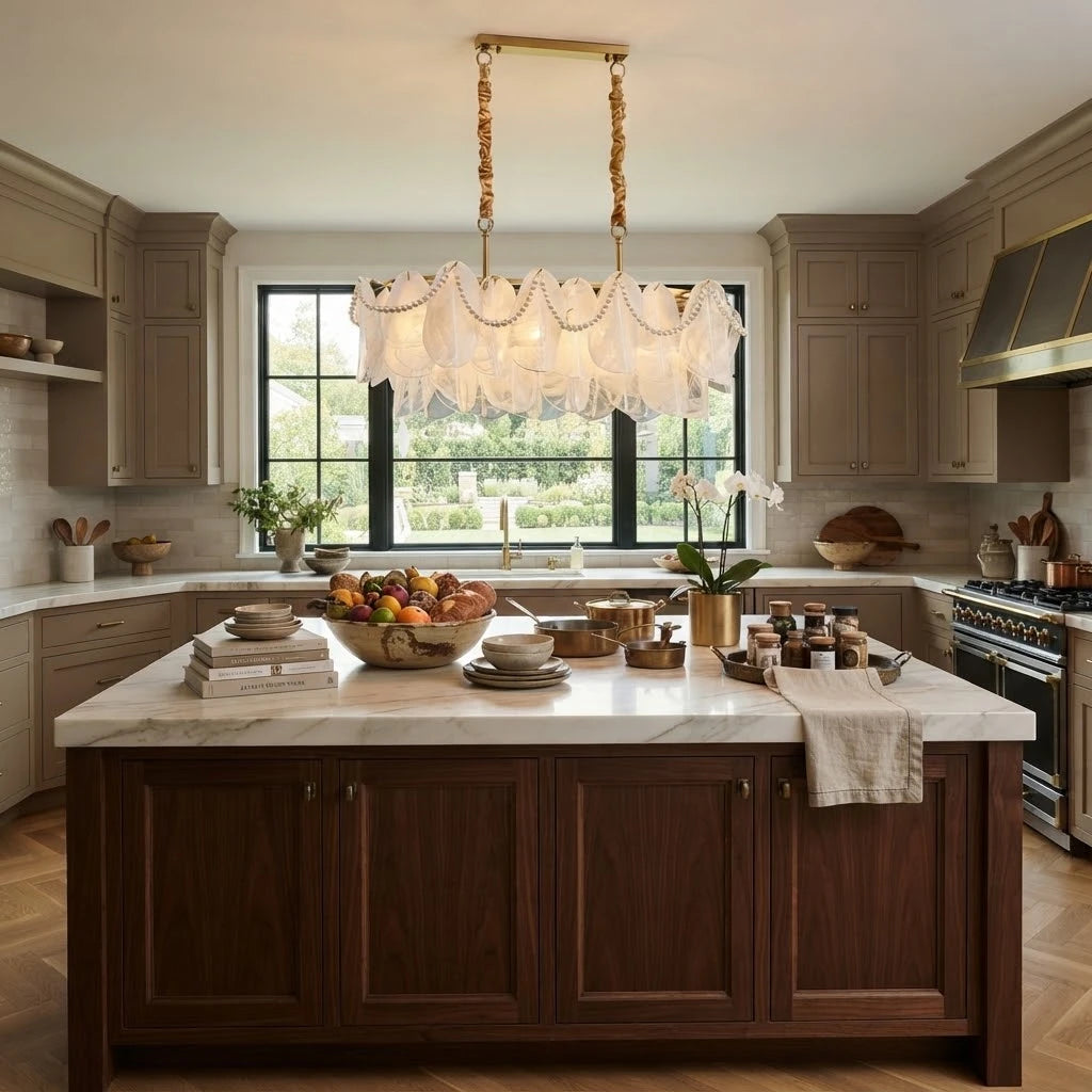 Modern Pearl Fringe Wave Art Glass Chandelier Over Kitchen Island