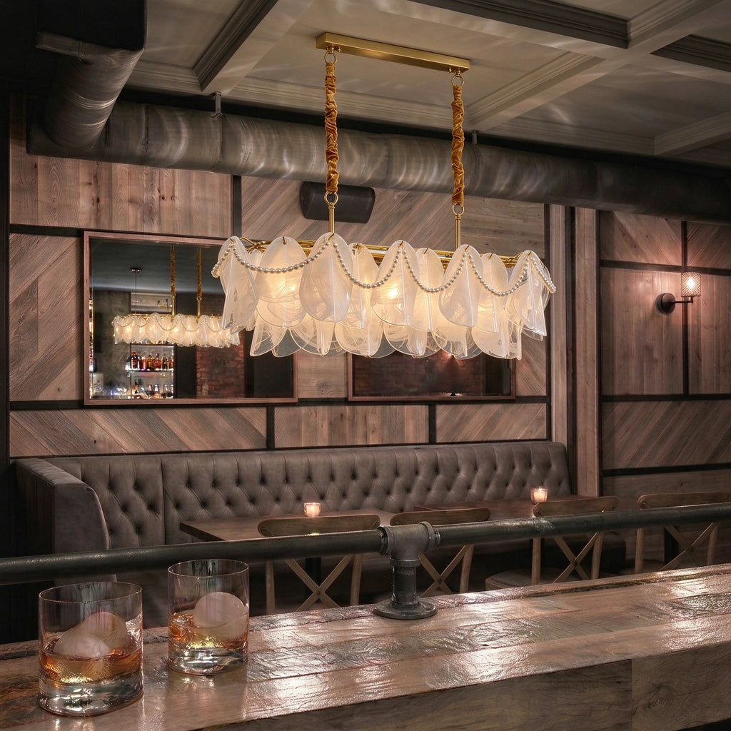 Illuminated Modern Pearl Fringe Chandelier in Upscale Restaurant Setting