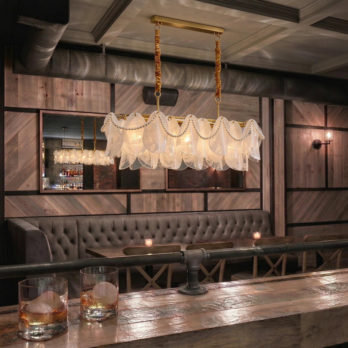 Illuminated Modern Pearl Fringe Chandelier in Upscale Restaurant Setting