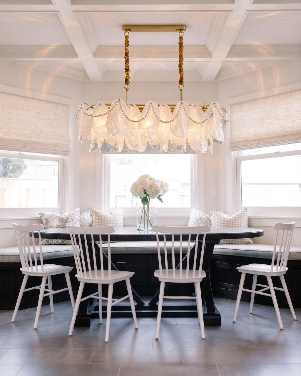 Modern Brass Pearl Fringe Chandelier Over Dining Nook