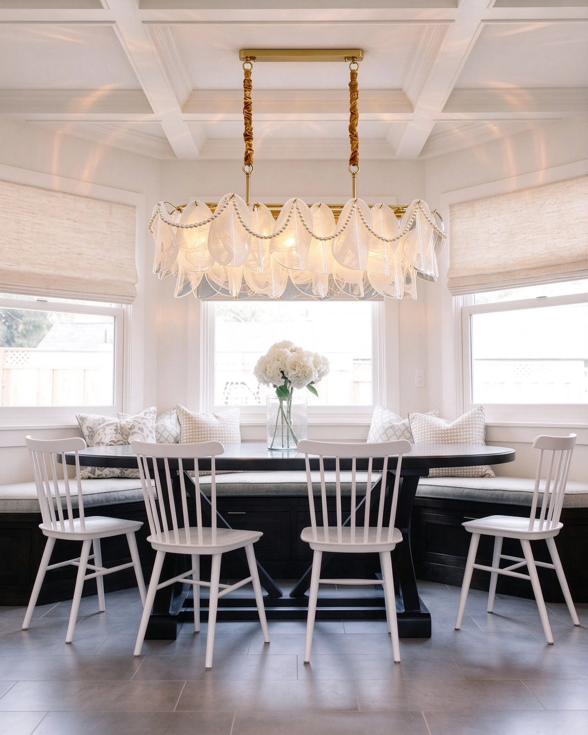 Modern Brass Pearl Fringe Chandelier Over Dining Nook