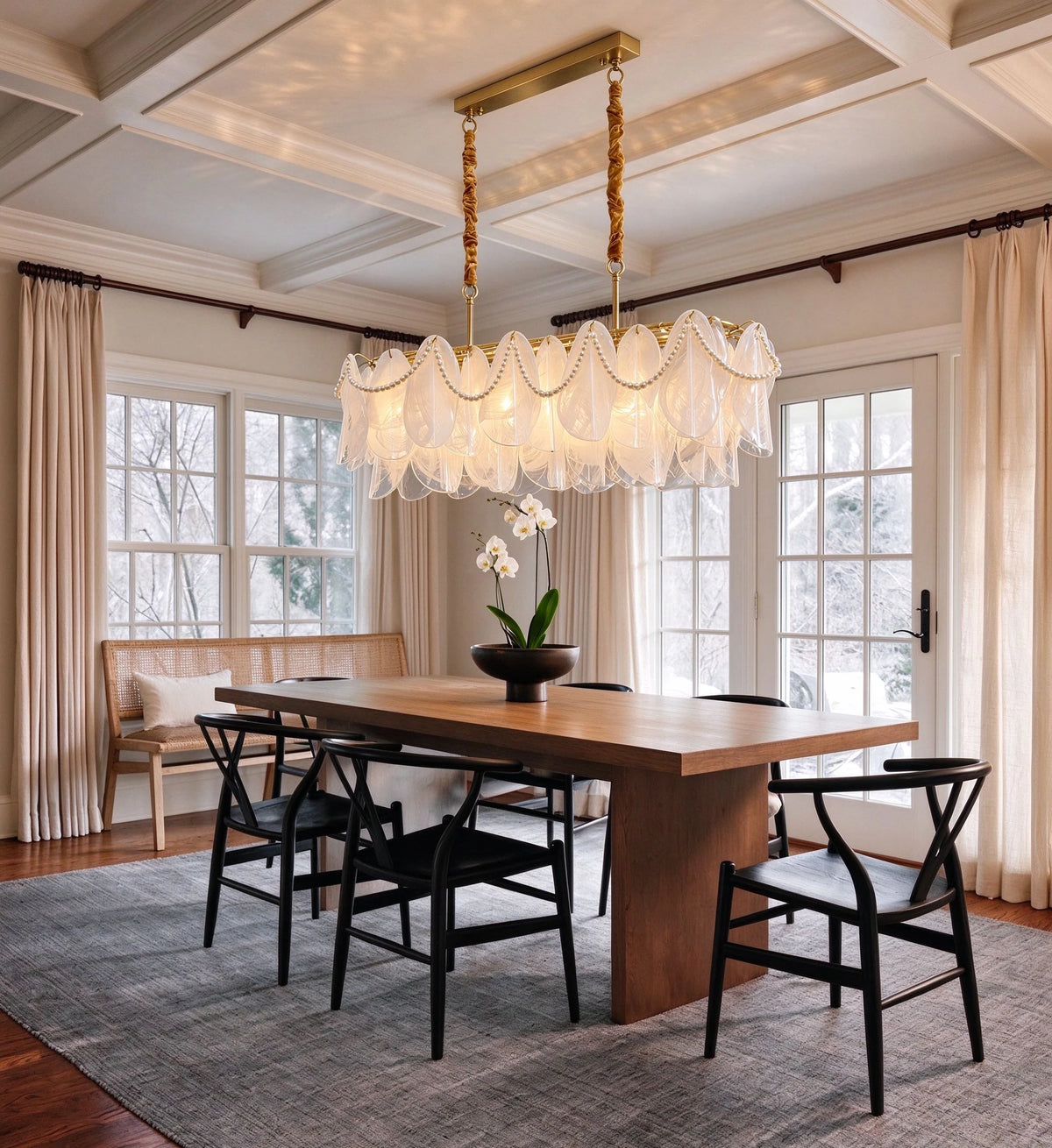 Modern Brass Pearl Fringe Chandelier in Elegant Dining Space
