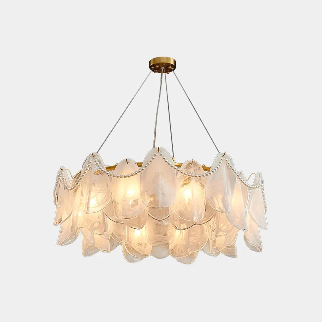 Illuminated Modern Brass Frosted White Feather Chandelier with Pearls Studio Shot