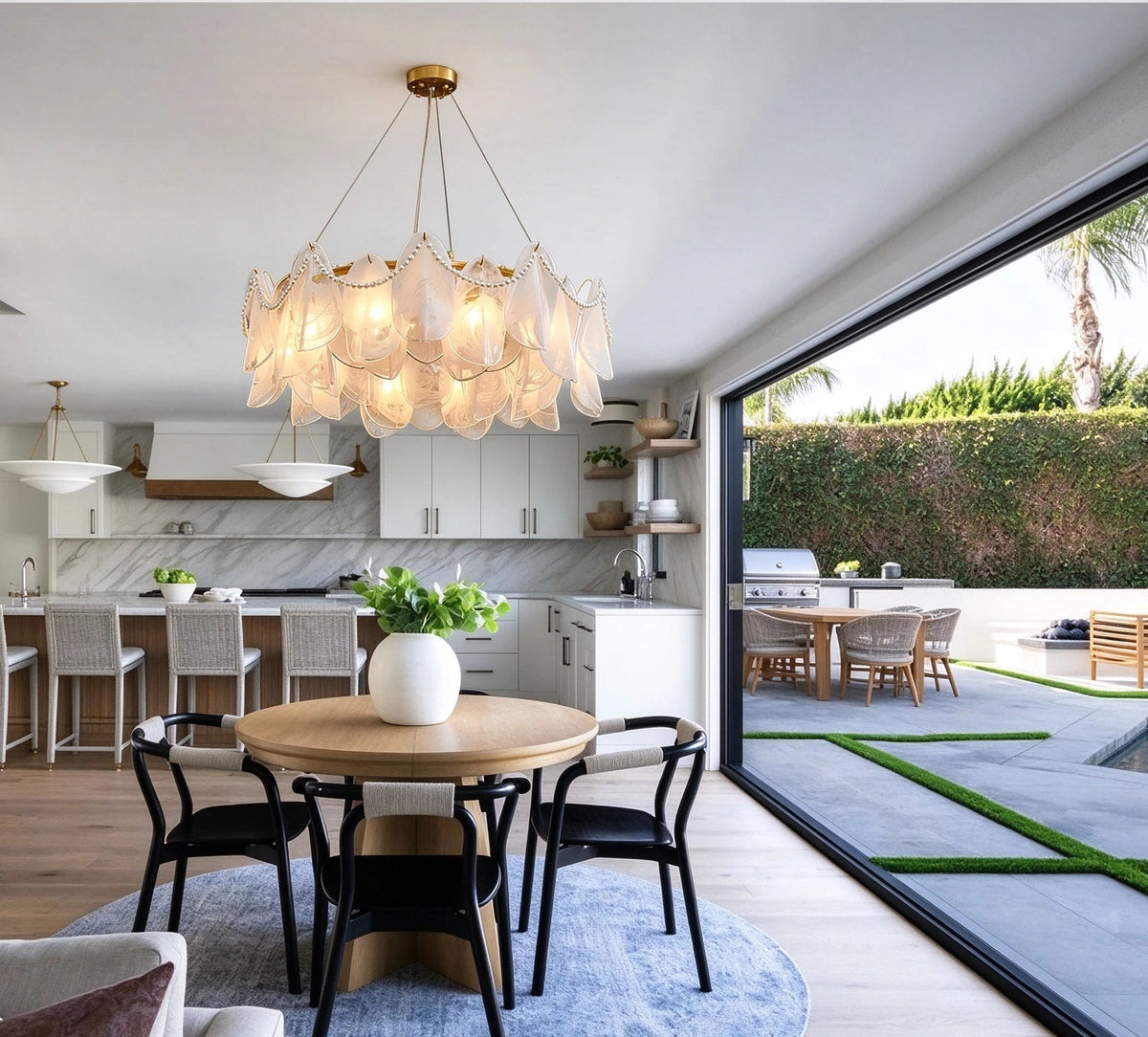 Modern Frosted White Feather Wave Art Glass Chandelier with Pearl Strand Over Kitchen Bar
