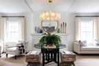 Modern Brass Frosted White Feather Chandelier with Pearl Strand in Elegant Dining Setting