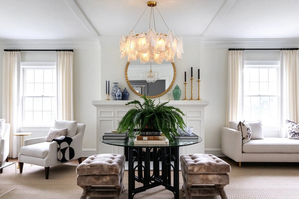 Modern Brass Frosted White Feather Chandelier with Pearl Strand in Elegant Dining Setting