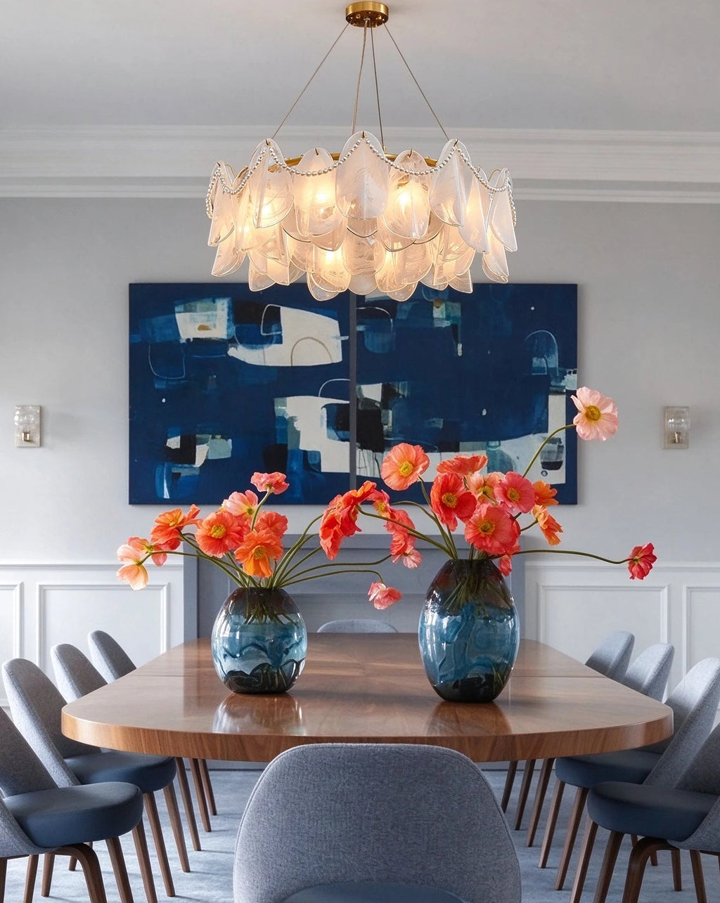 Modern Frosted White Feather Wave Art Glass Chandelier with Pearl Strand in Formal Dining Room