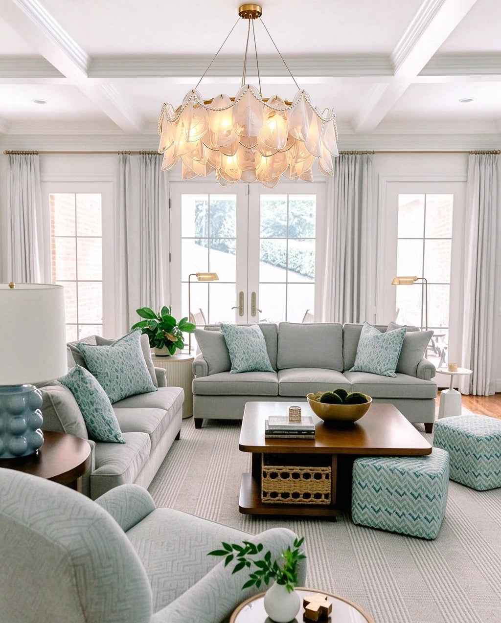 Modern Frosted White Feather Wave Art Glass Chandelier with Pearl Strand in Cozy Living Room