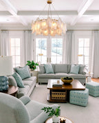 Modern Frosted White Feather Wave Art Glass Chandelier with Pearl Strand in Cozy Living Room