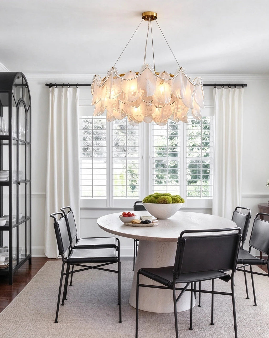 Modern Brass Frosted White Feather Chandelier with Pearl Strand in Bright Dining Area