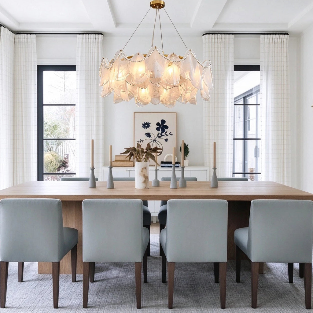 Modern Frosted White Feather Wave Art Glass Chandelier with Pearl Strand in Open Plan Dining