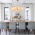 Modern Frosted White Feather Wave Art Glass Chandelier with Pearl Strand in Open Plan Dining