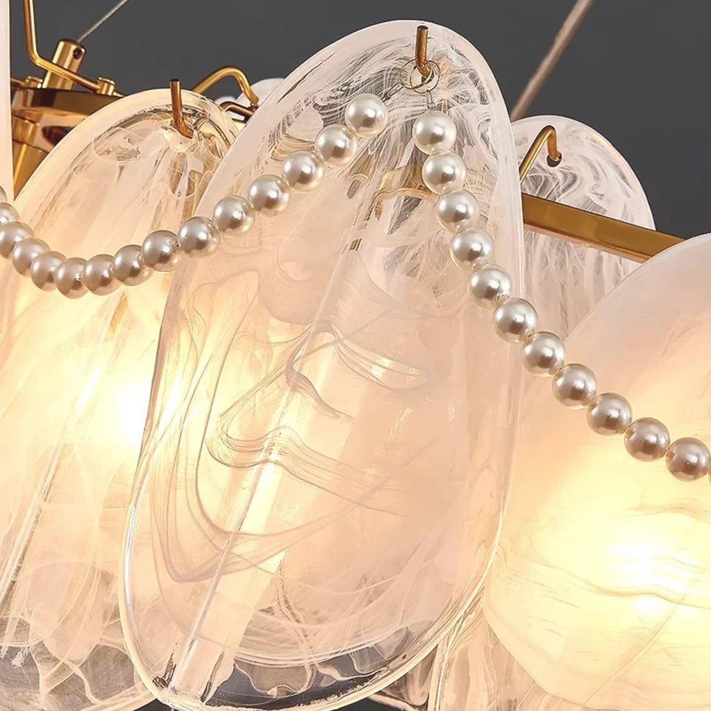 Close Up View of Illuminated Feather Wave Art Glass and Delicate Pearl Strand Texture