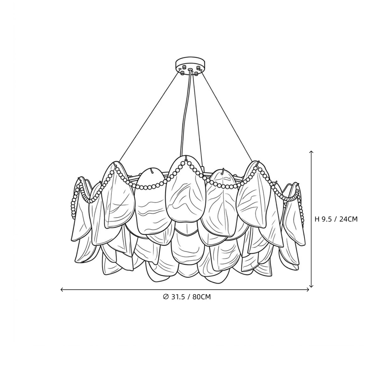 Modern Frosted White Feather Wave Art Glass Chandelier with Pearl Strand Line Art Dimension Diagram