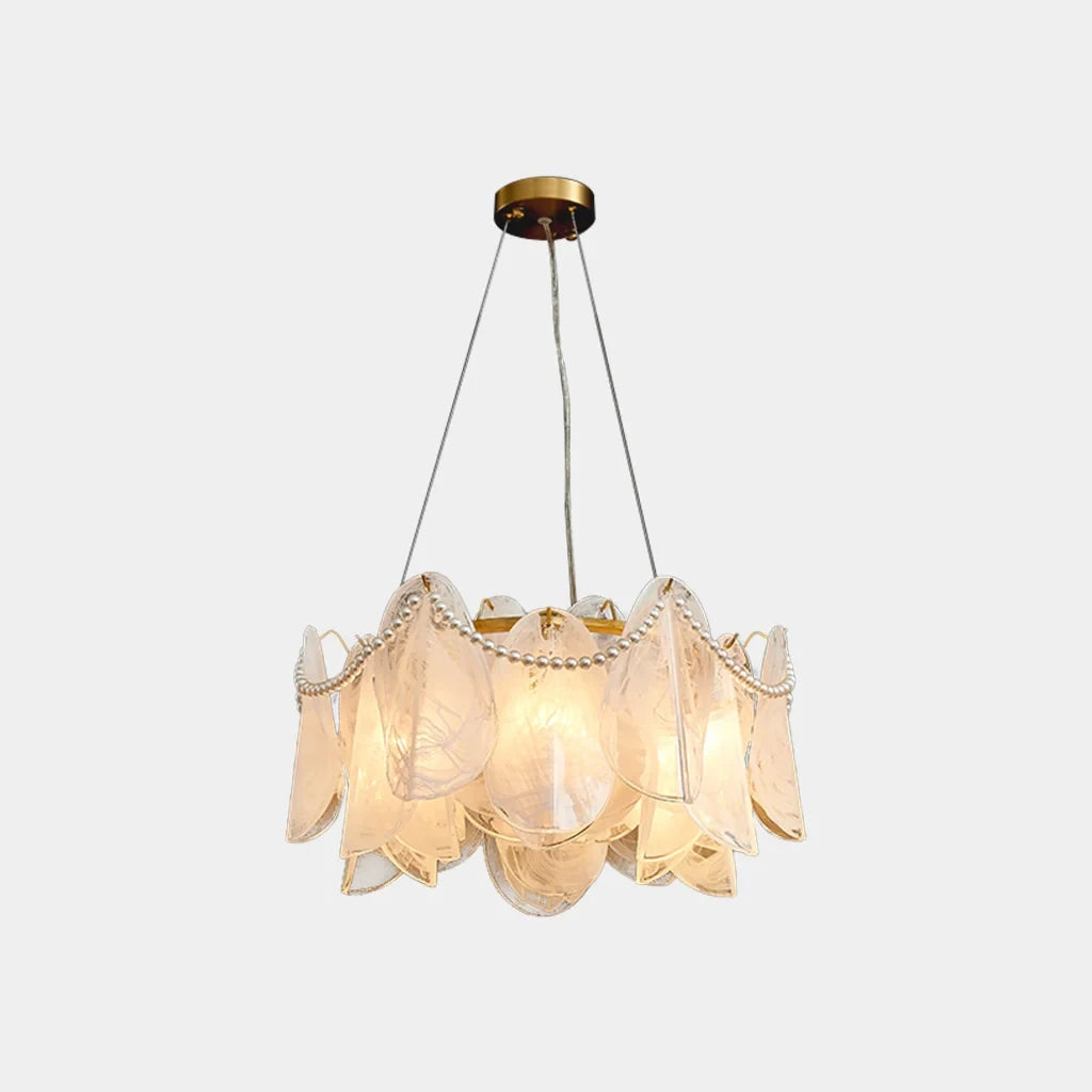Illuminated Modern Brass Frosted White Feather Wave Art Glass Chandelier with Pearls Studio Shot