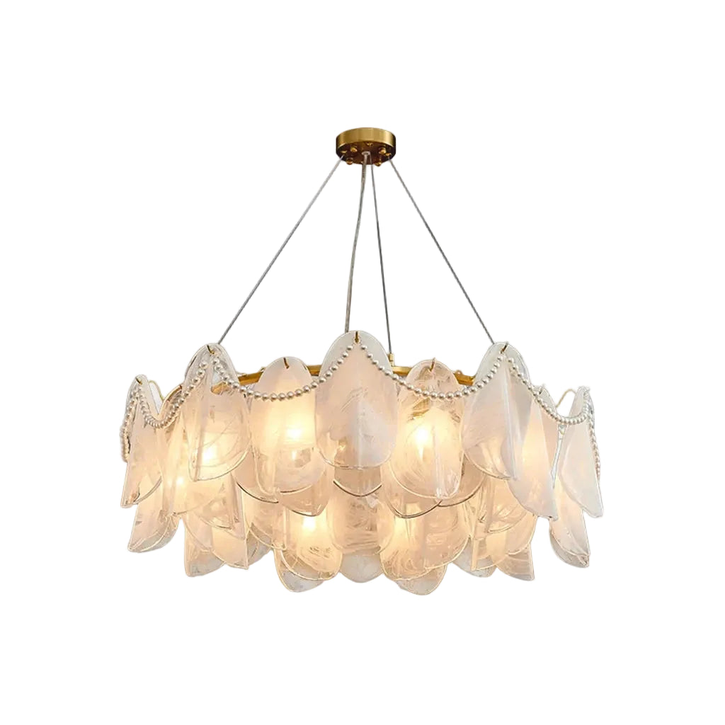 Modern Brass and Frosted White Feather Wave Art Glass Chandelier with Pearl Strand and Gold Canopy on Pure White Background