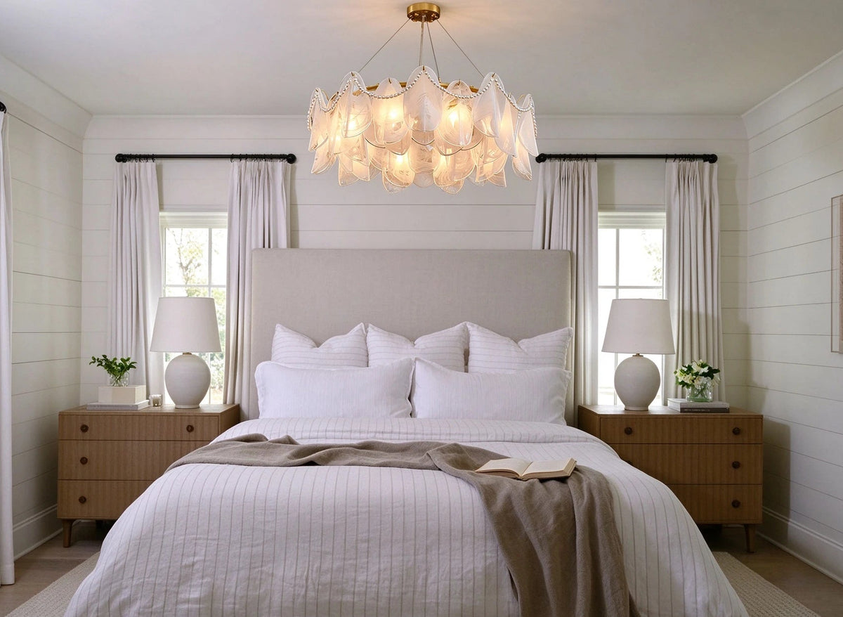 Modern Frosted White Feather Wave Art Glass Chandelier with Pearl Strand in Master Bedroom Setting