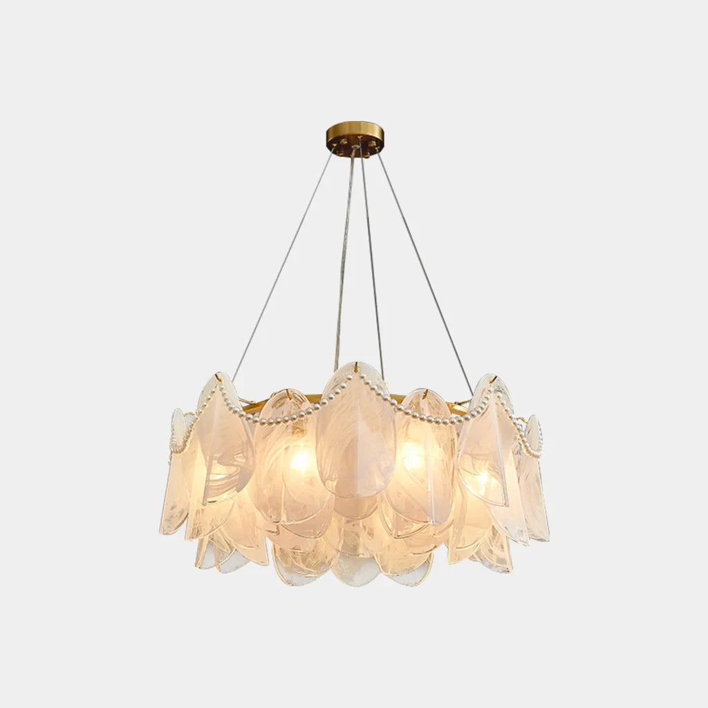 Illuminated Modern Frosted White Feather Wave Chandelier with Pearl Strand Studio Display