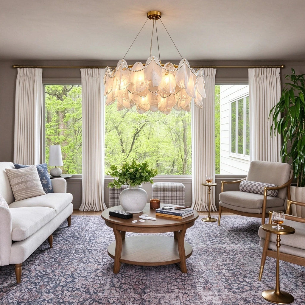 Modern Brass Frosted White Feather Chandelier with Pearl Strand in Bright Living Room