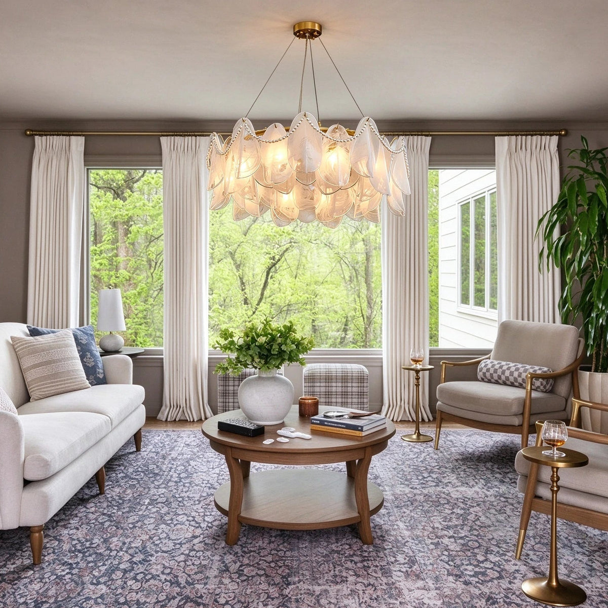 Modern Brass Frosted White Feather Chandelier with Pearl Strand in Bright Living Room