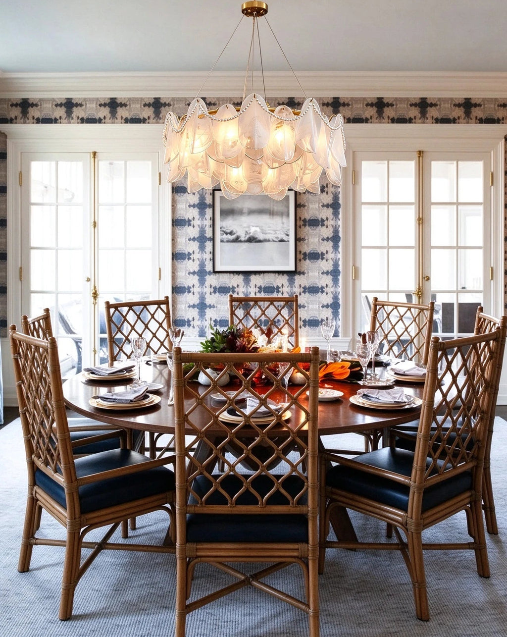Modern Brass Frosted White Feather Chandelier with Pearl Strand in Classic Dining Setting