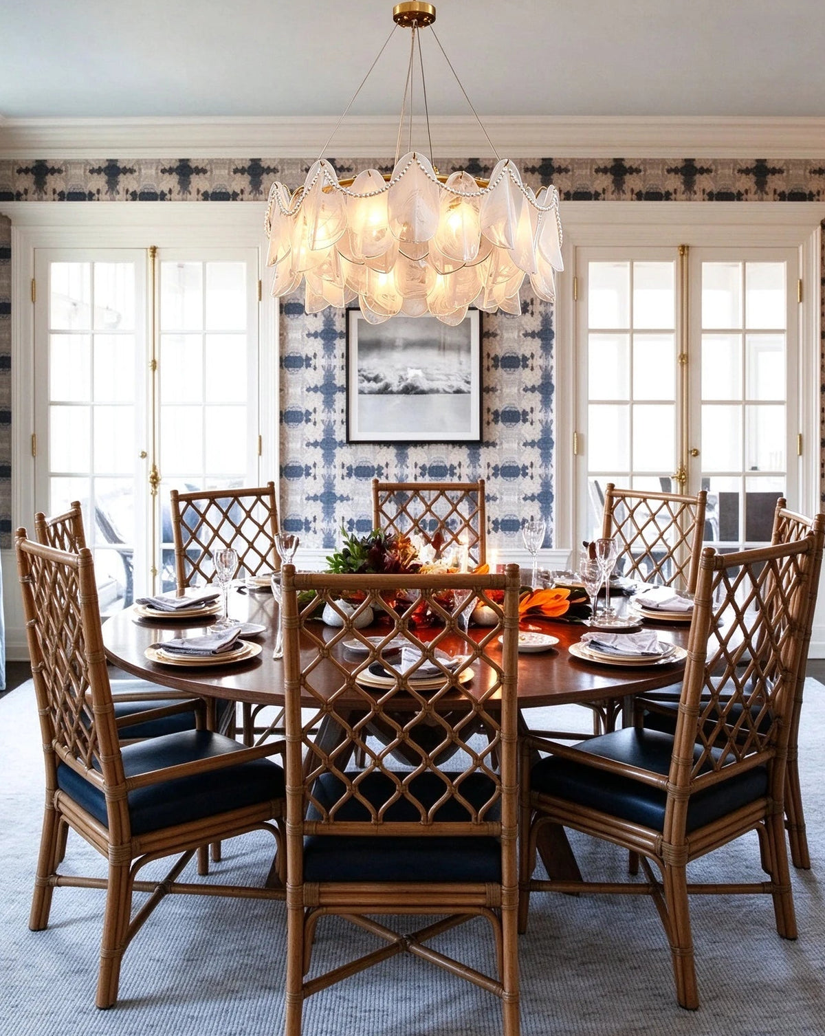 Modern Brass Frosted White Feather Chandelier with Pearl Strand in Classic Dining Setting