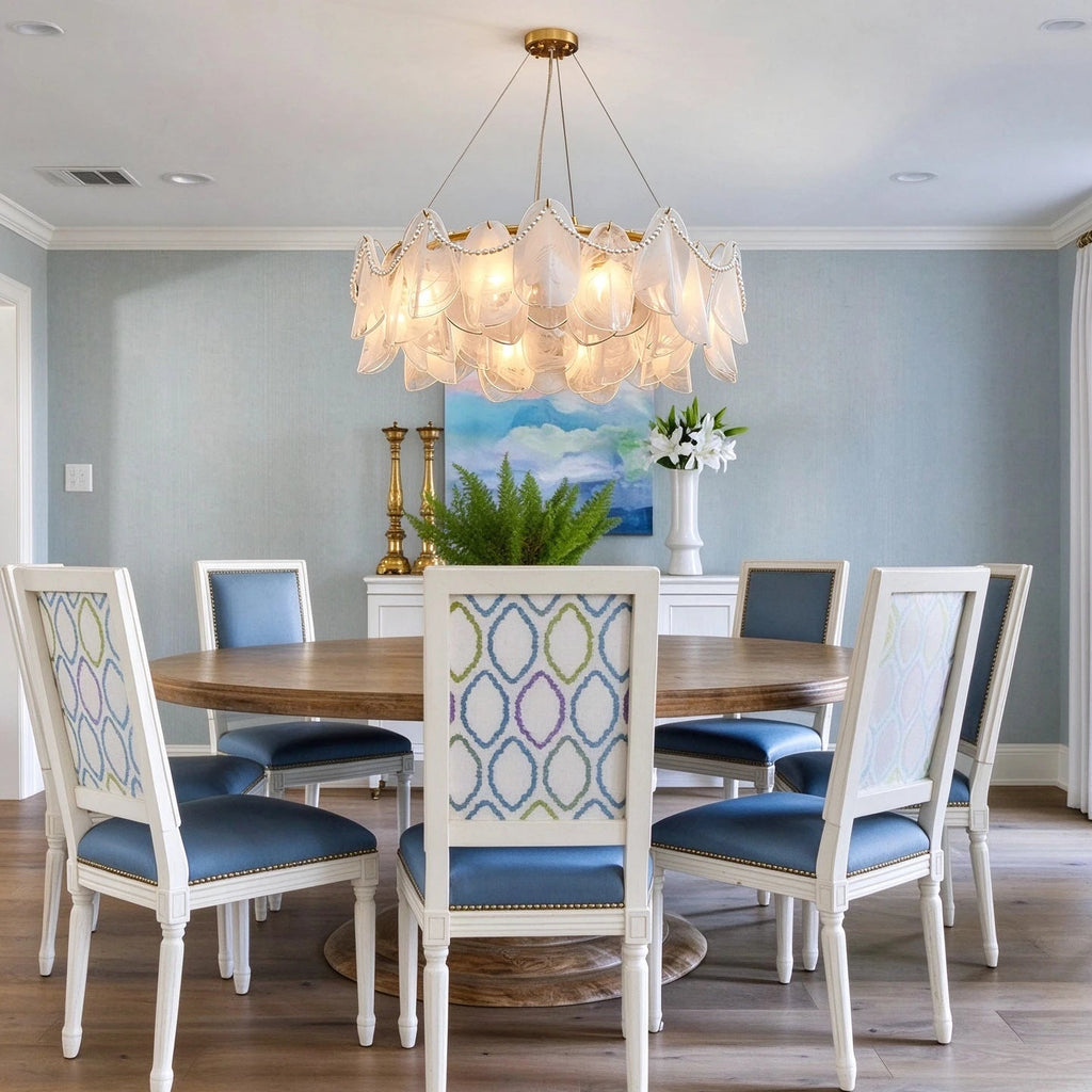 Modern Frosted White Feather Wave Art Glass Chandelier with Pearl Strand in Open Plan Dining