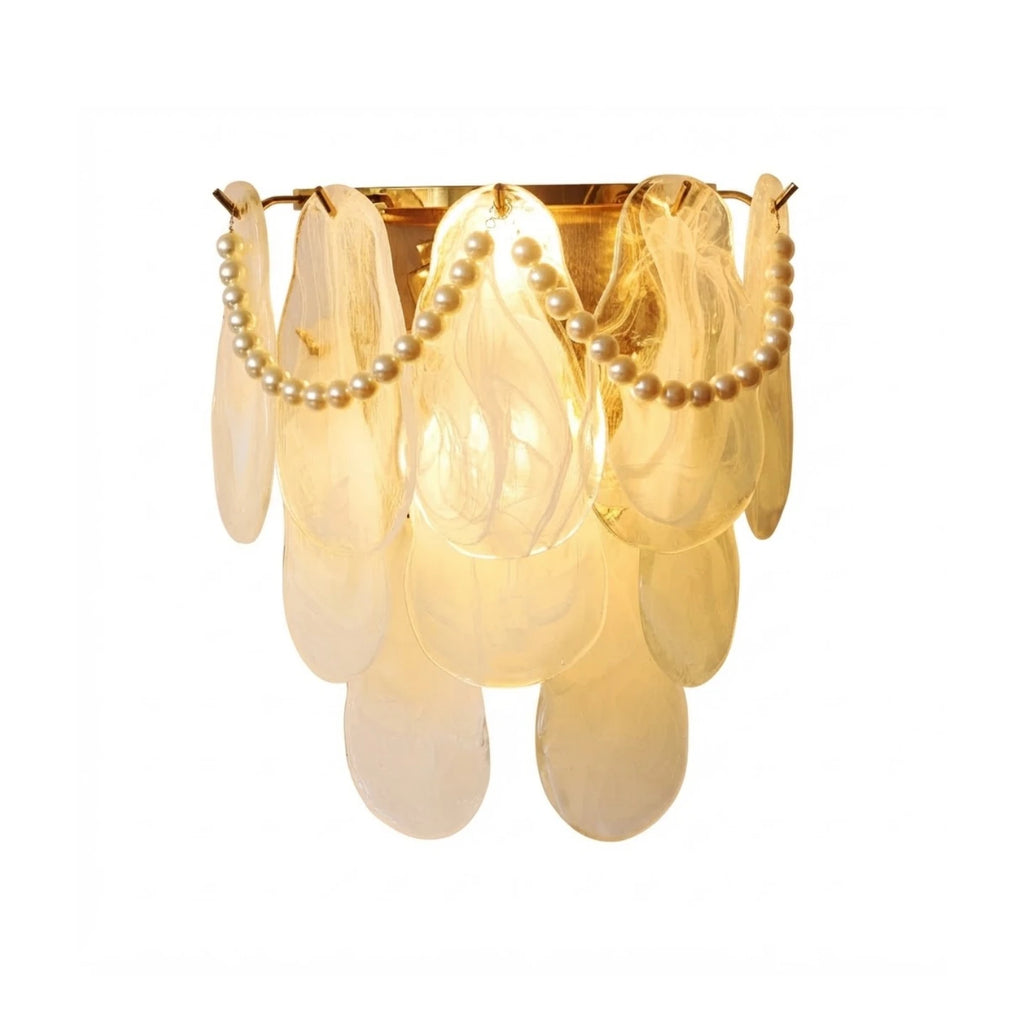 Modern Brass and Pearl Oval Art Glass Wall Sconce with Pearl Strand on Pure White Background