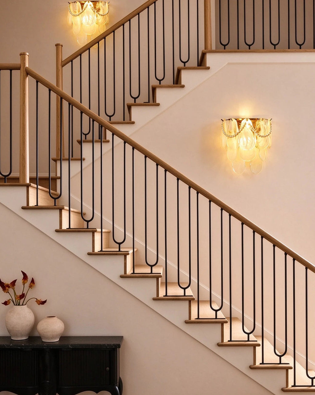 Modern Brass Pearl Oval Art Glass Wall Sconce in Grand Staircase Foyer
