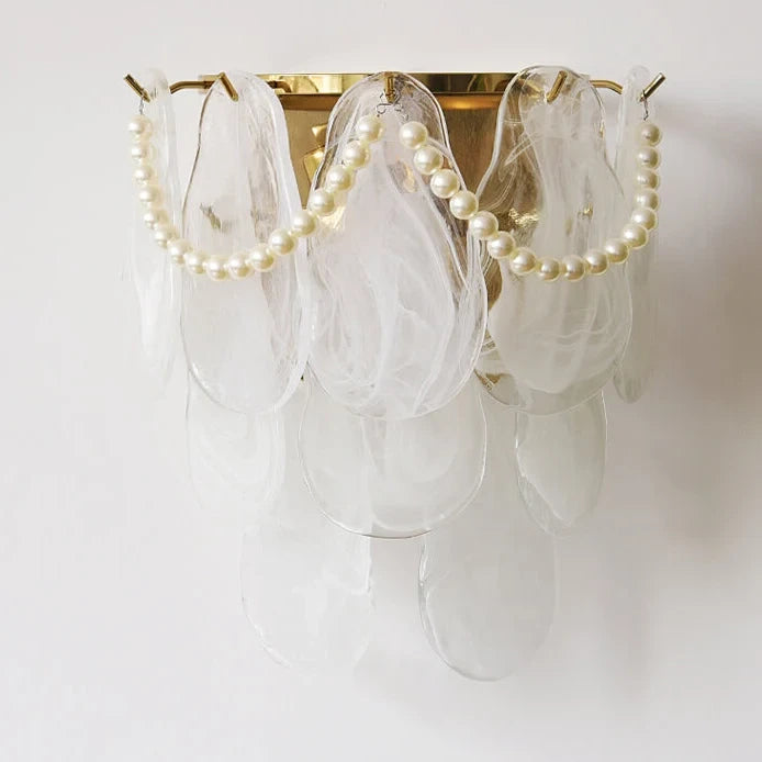 Illuminated Modern Brass Pearl Oval Art Glass Wall Sconce Studio Display