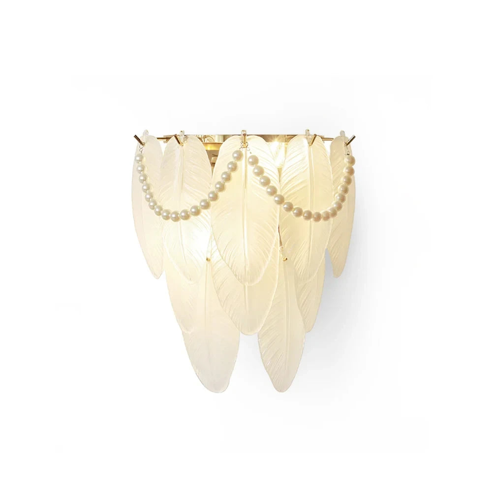 Modern Brass and Frosted White Feather Wave Art Glass Wall Sconce with Pearl Strand and Gold Canopy on Pure White Background