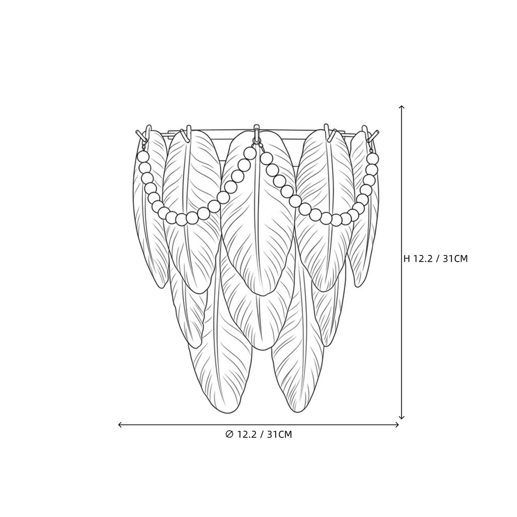 Modern Frosted White Feather Wave Art Glass Wall Sconce with Pearl Strand Line Art Dimension Diagram