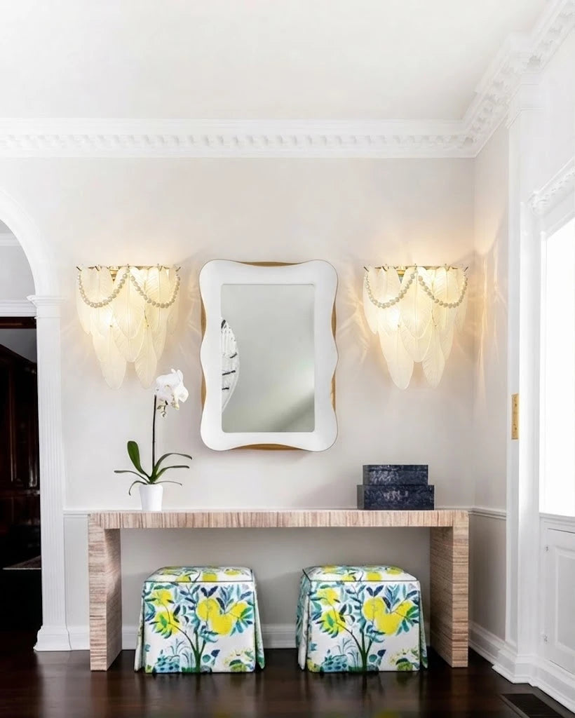 Modern Brass Frosted White Feather Wall Sconce with Pearl Strand in Grand Hallway Foyer