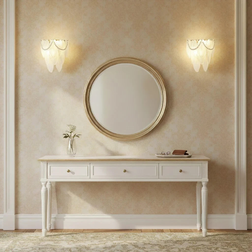 Modern Frosted White Feather Wave Art Glass Wall Sconce with Pearl Strand in Entryway Hallway
