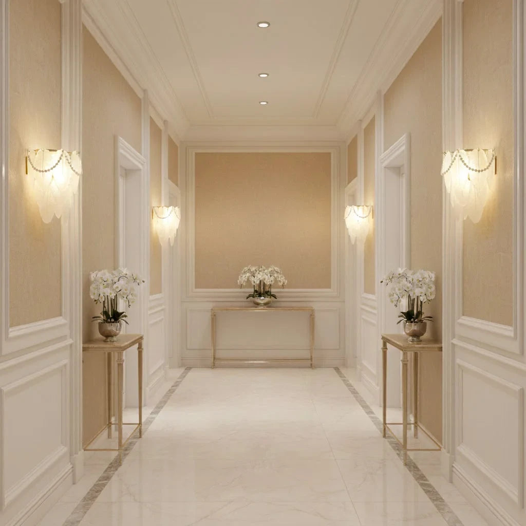 Modern Frosted White Feather Wave Art Glass Wall Sconce with Pearl Strand in Corridor