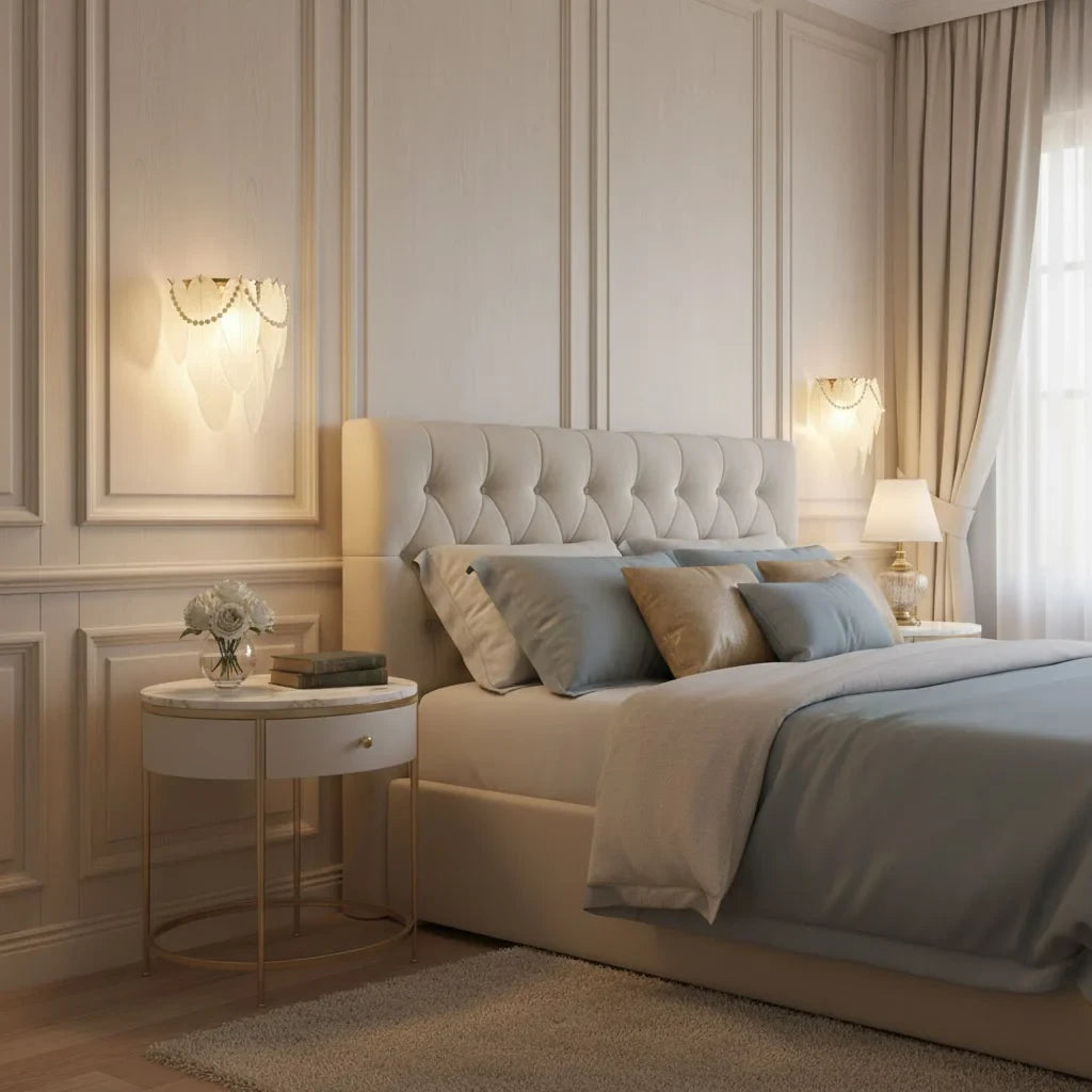 Modern Brass Frosted White Feather Wall Sconce with Pearl Strand in Master Bedroom