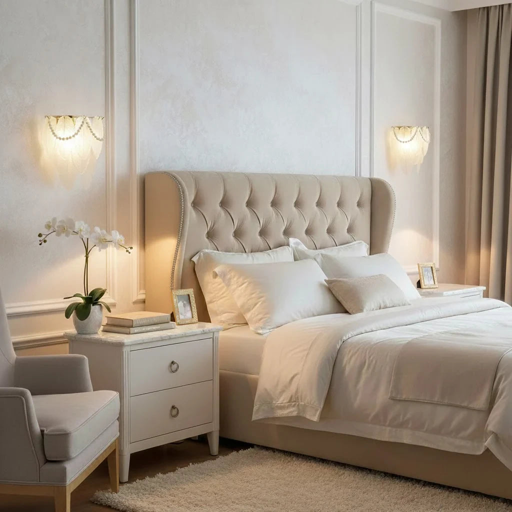 Modern Frosted White Feather Wave Art Glass Wall Sconce with Pearl Strand in Elegant Bedroom