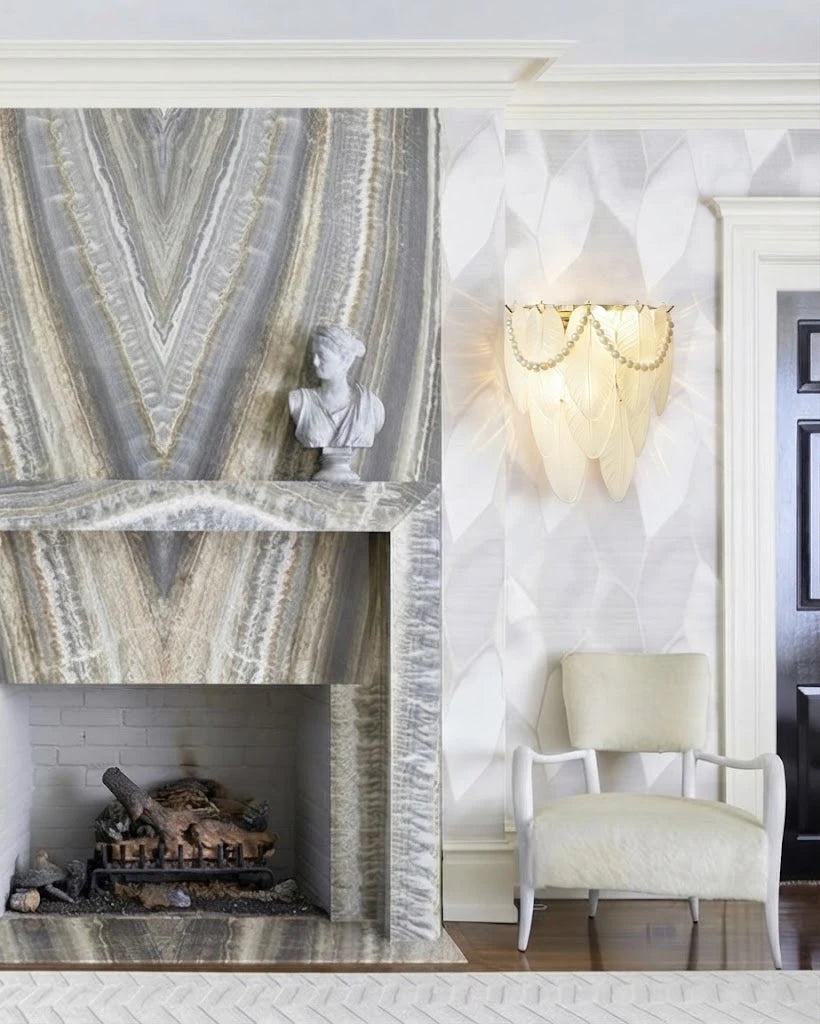 Modern Frosted White Feather Wave Art Glass Wall Sconce with Pearl Strand in Vintage Living Room