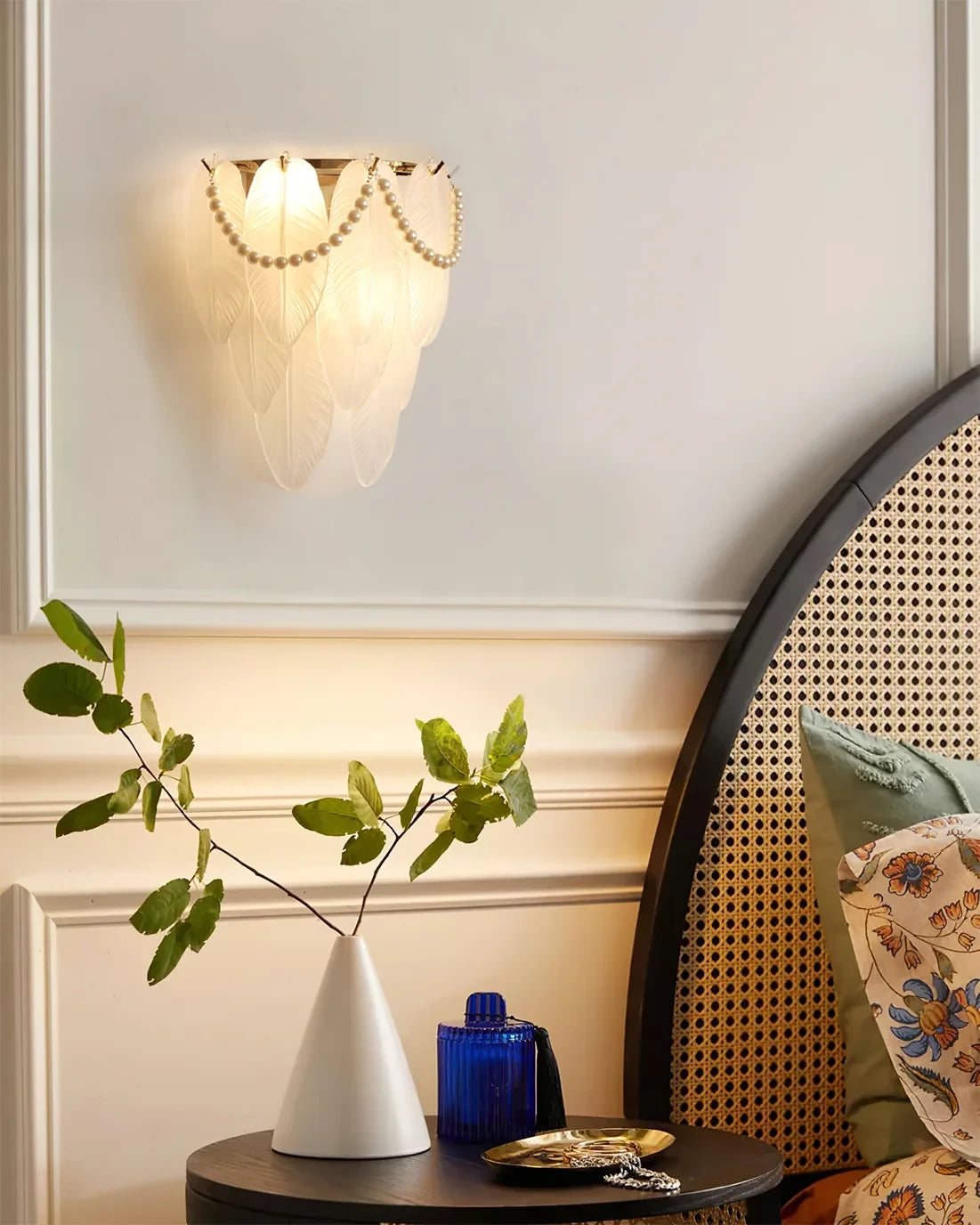 Modern Frosted White Feather Wave Art Glass Wall Sconce with Pearl Strand in Elegant Interior