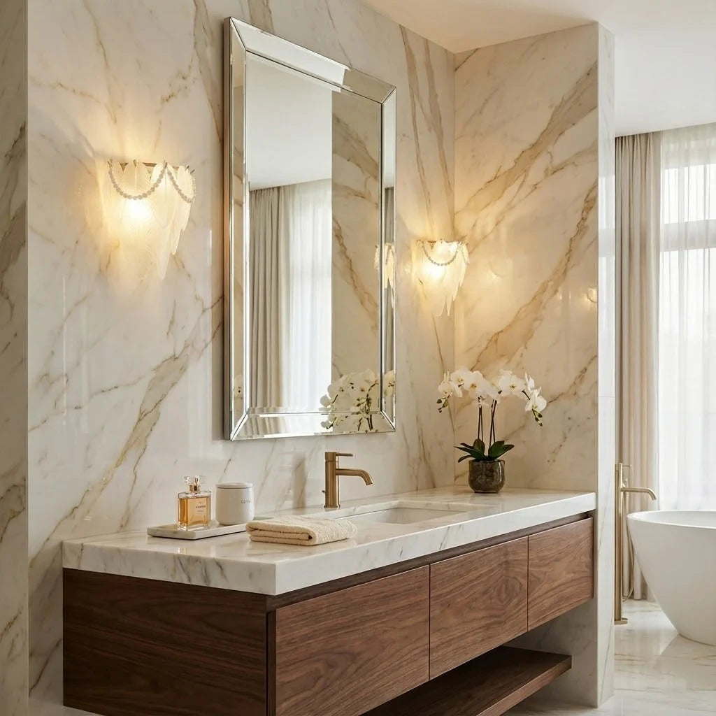 Modern Brass Frosted White Feather Wall Sconce with Pearl Strand Over Bathroom Vanity